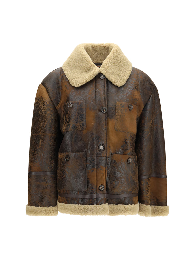 Valstar Valstar Oversized Leather Jacket Shearling Collar Brown - World Class Fashion
