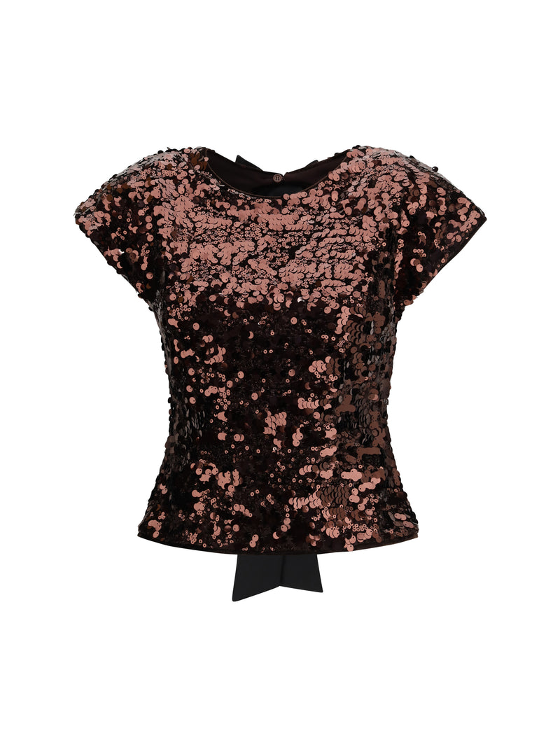 Ganni Ganni Sequin Top with Bow Back Demitasse - World Class Fashion