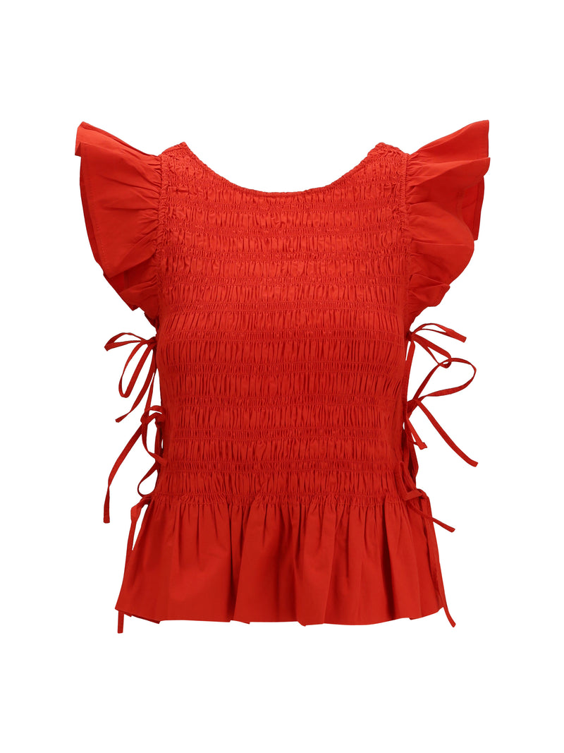 Ganni Ganni Ruched Cotton Top Goji Berry - World Class Fashion