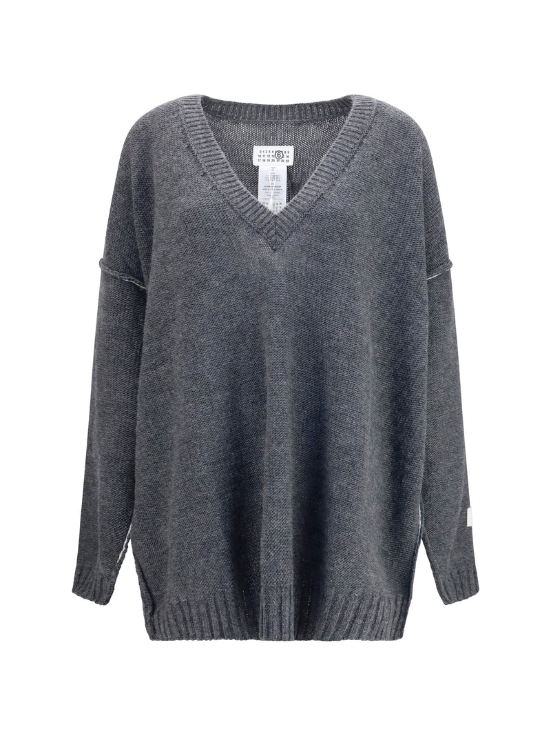 Mm6 Mm6 Oversized V-neck Sweater Grey Melange - World Class Fashion