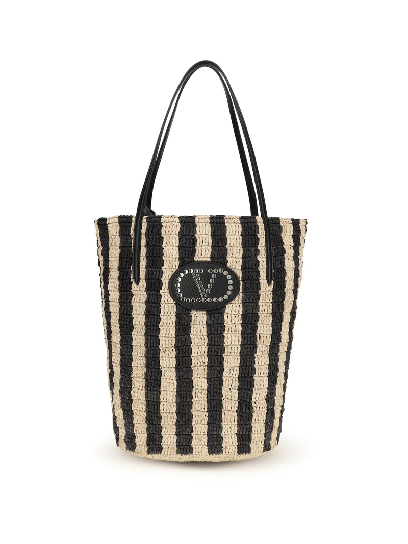 Valentino Garavani Valentino Garavani Striped Raffia Bucket Bag Naturale/Nero - World Class Fashion