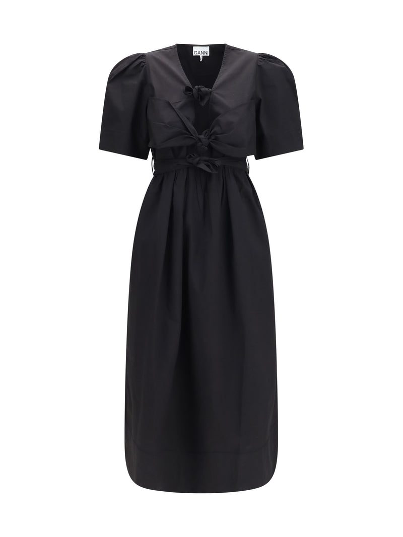 Ganni Ganni Midi Dress with Bows and Puff Shoulders Black - World Class Fashion