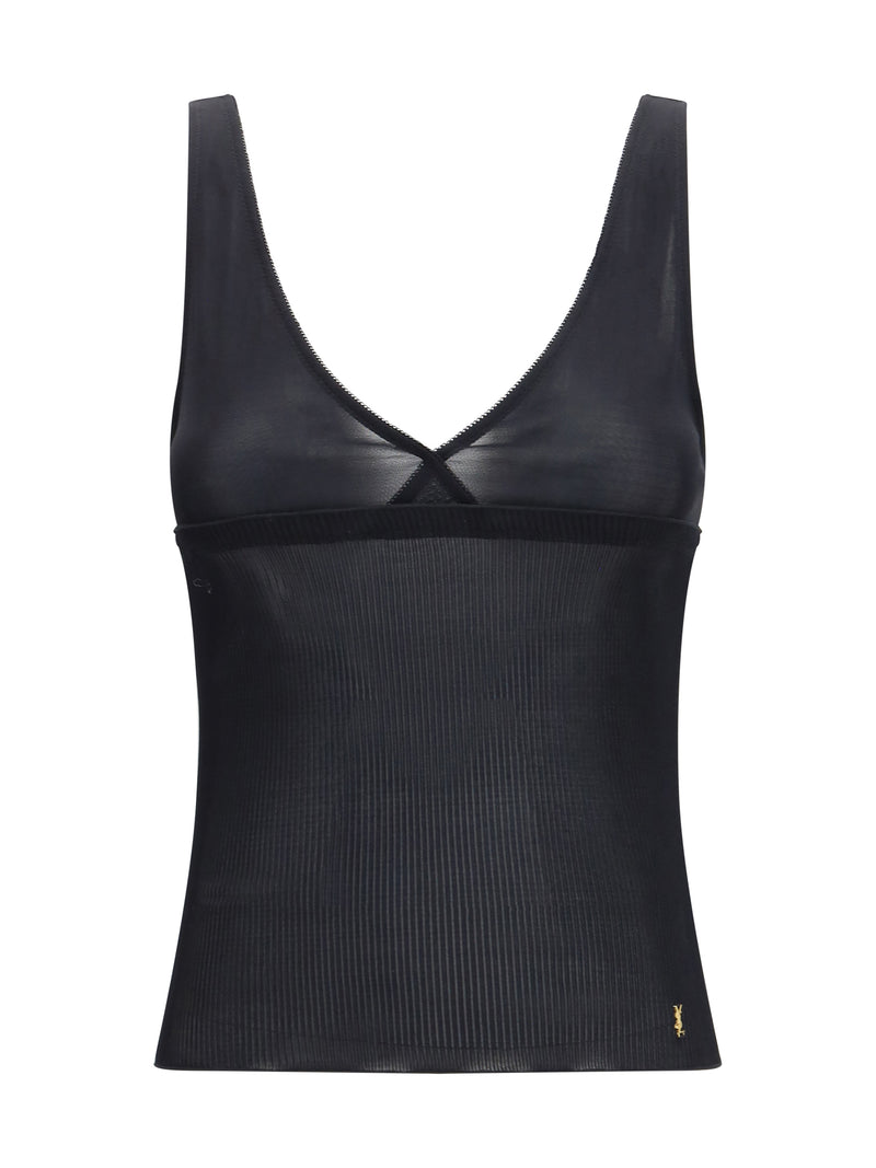 Saint Laurent Saint Laurent Ribbed Silk Jersey Lace-trim Tank Top Noir - World Class Fashion