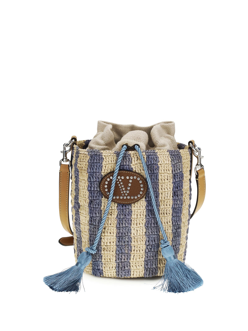 Valentino Garavani Valentino Garavani Striped Raffia Bucket Bag NAT-AZZURRO - World Class Fashion
