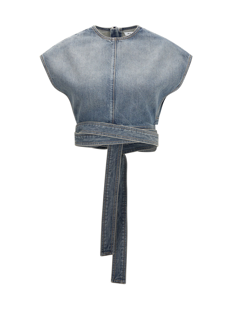 Alaia Alaïa Denim Belt Top Faded Blue - World Class Fashion