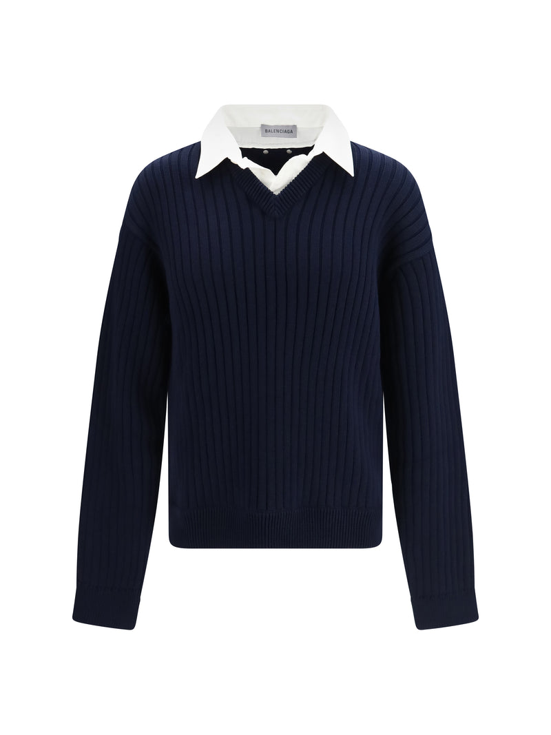 Balenciaga Balenciaga Cotton Sweater With Shirt Details Navy/White - World Class Fashion