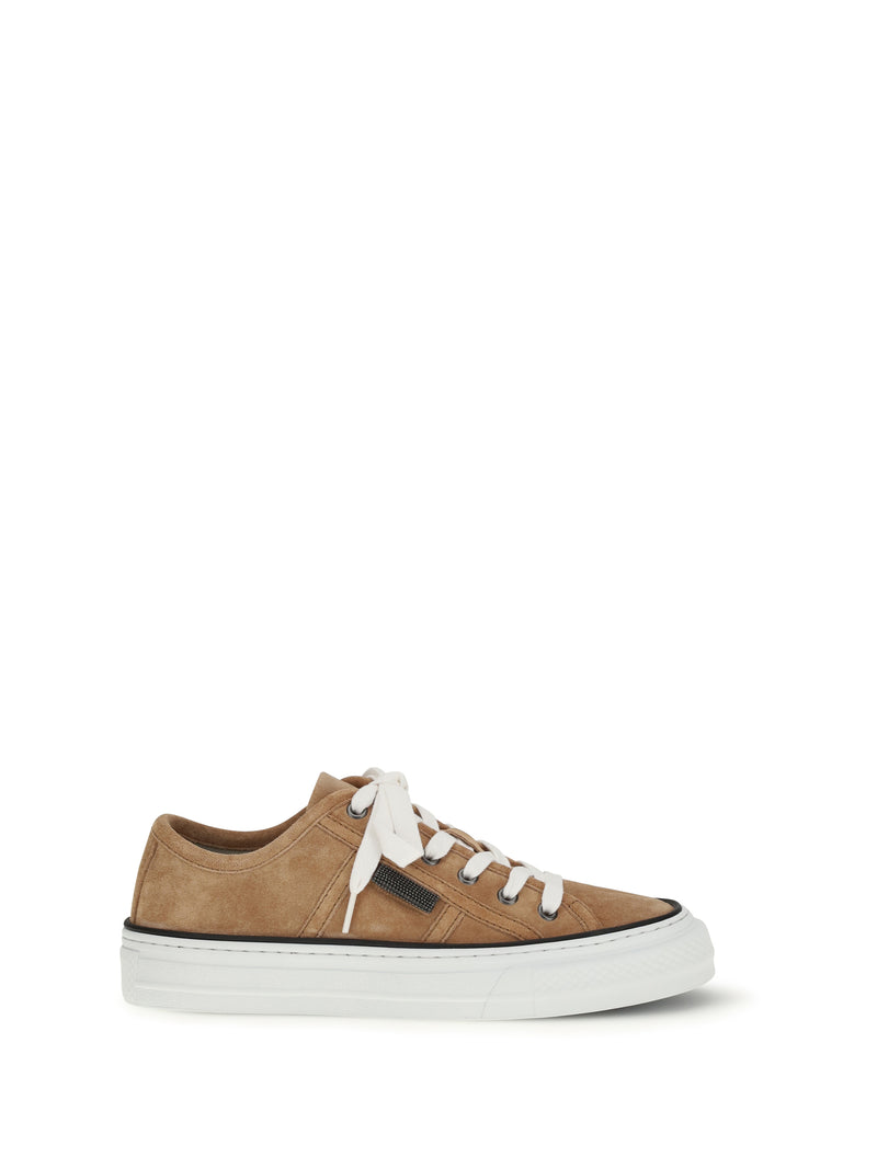 Brunello Cucinelli Brunello Cucinelli Shiny Tab Suede Sneakers Bisque - World Class Fashion