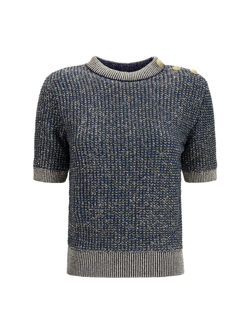 Balmain Balmain Sequined Short-Sleeve Sweater Marine/Vert - World Class Fashion