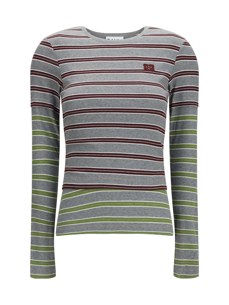 Ganni Ganni Double-Sleeve Striped Cotton T-shirt Port Royale - World Class Fashion