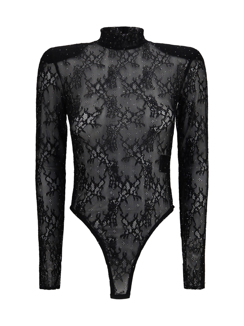 Nissa Nissa Long-Sleeve Lace Rhinestone Bodysuit Black - World Class Fashion