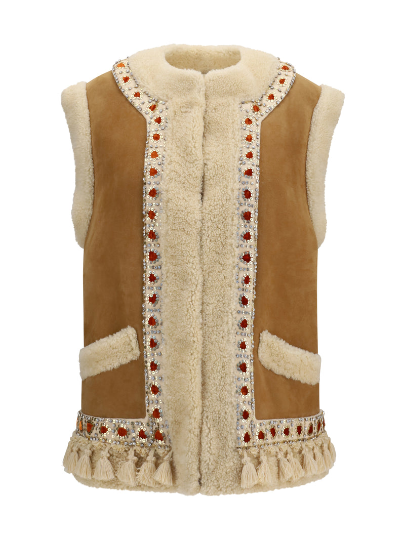 Valentino Valentino Suede and Fur Vest Camel Multicolor - World Class Fashion
