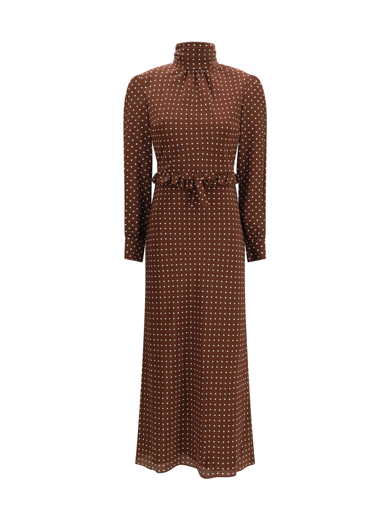 Alessandra Rich Alessandra Rich Polka Dot Silk Midi Dress Brown-White - World Class Fashion