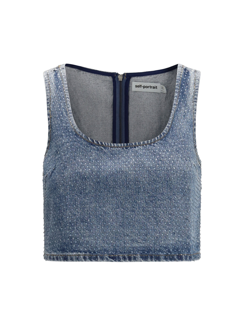 Self-portrait Self-portrait Rhinestone Denim Crop Top Blue - World Class Fashion