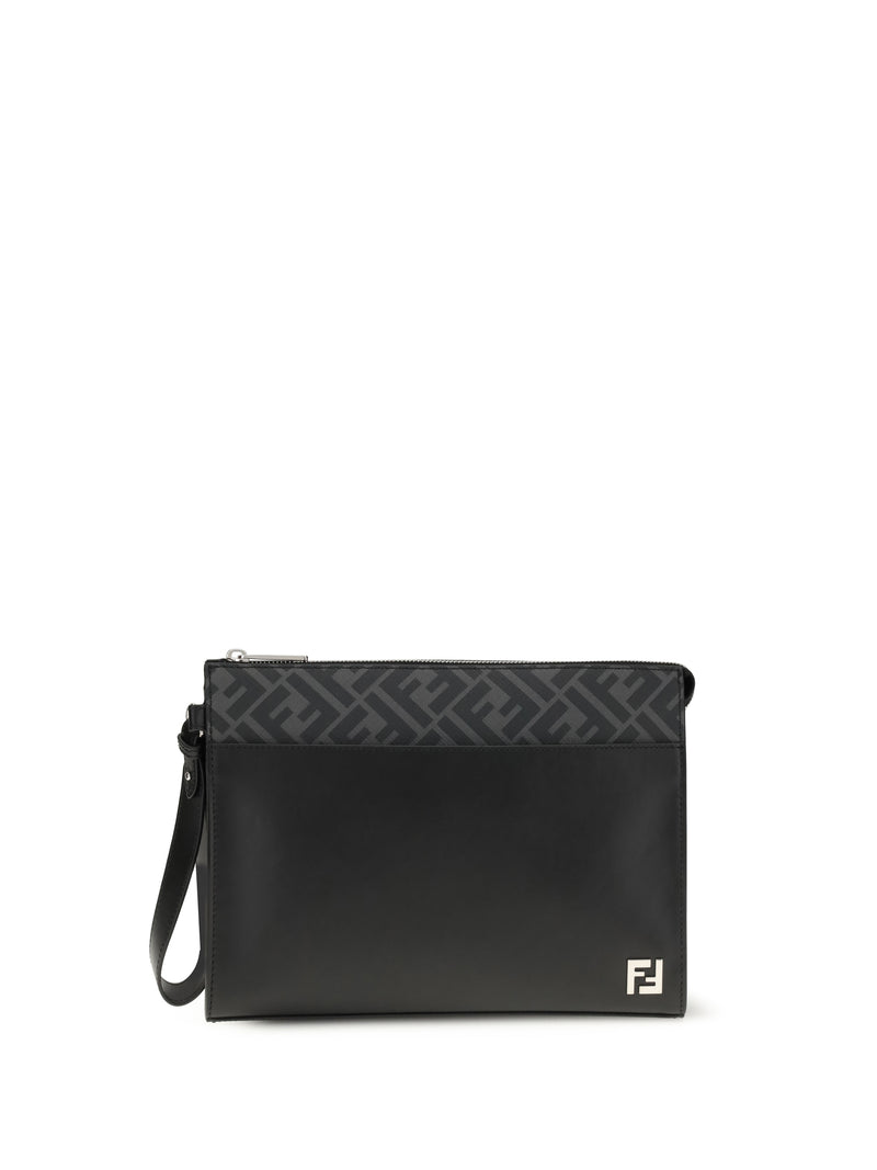 Fendi Fendi Leather FF Canvas Pouch Nero+Palladio - World Class Fashion
