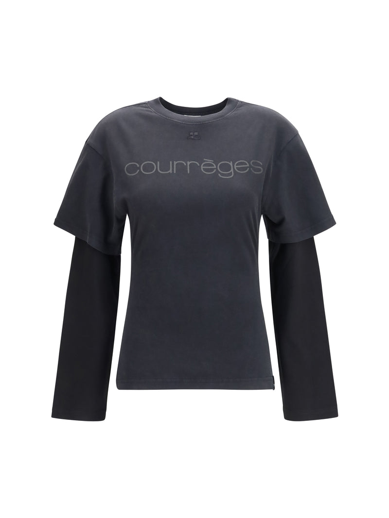 Courrèges Courrèges Logo Print Double Sleeves T-shirt Stonewashed Grey/Black - World Class Fashion