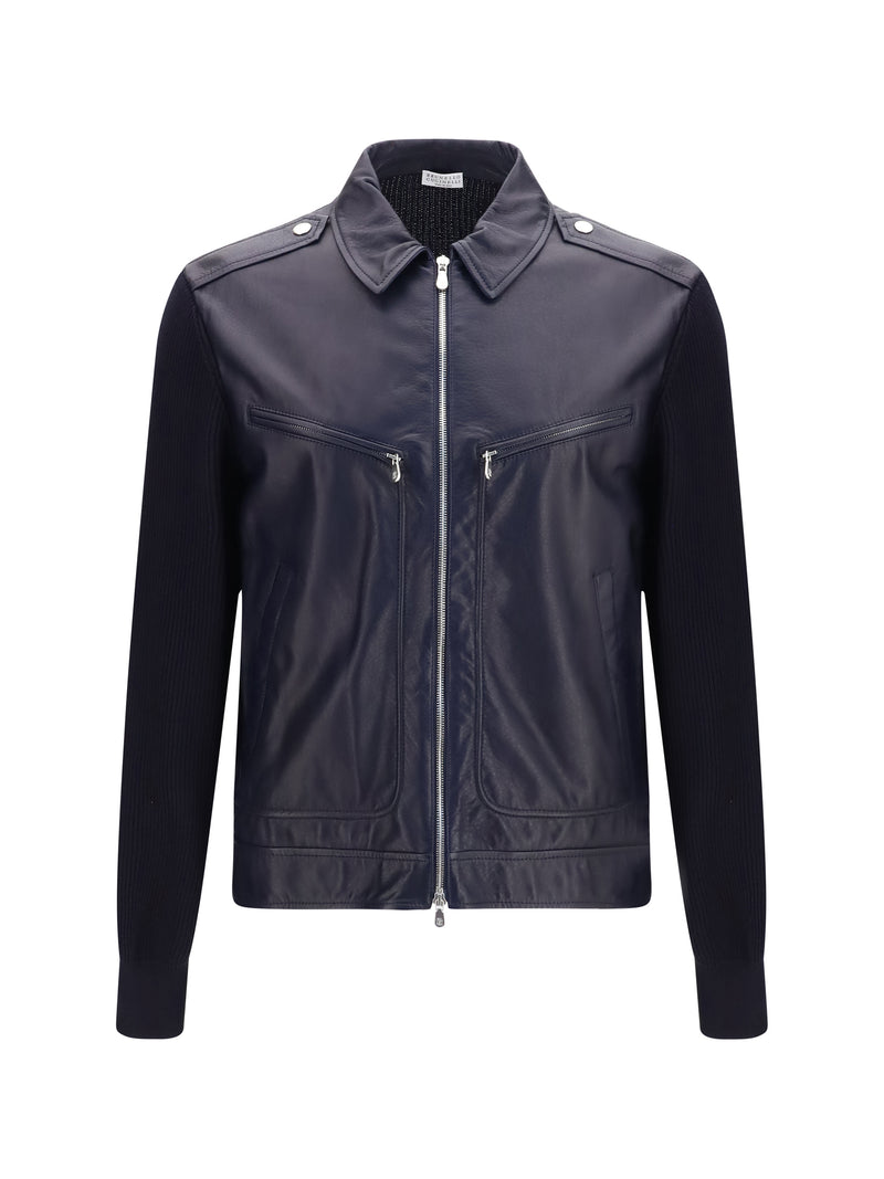 Brunello Cucinelli Brunello Cucinelli Leather And Knit Jacket Avio+Rubino - World Class Fashion