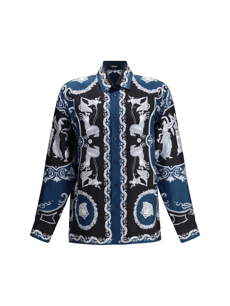 Versace Versace Regular-fit Printed Silk Twill Shirt Black+Petrol Blue - World Class Fashion