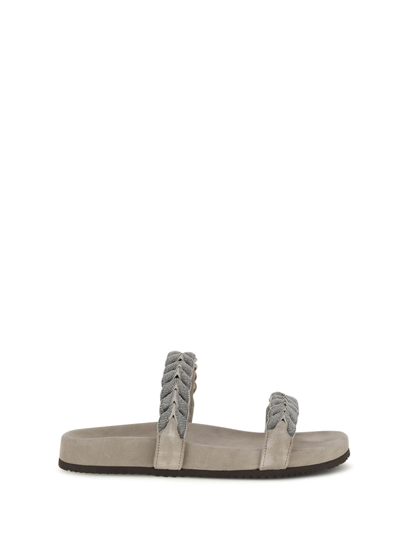 Brunello Cucinelli Brunello Cucinelli Laurel Leaf Monili-Embellished Slides Ice - World Class Fashion
