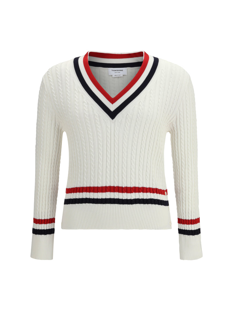 Thom Browne Thom Browne Intarsia Cable-knit V-neck Sweater White - World Class Fashion