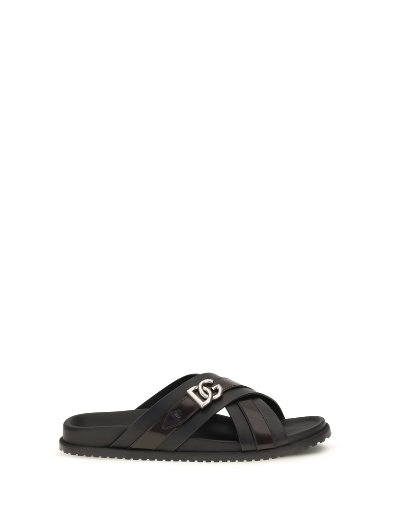 Dolce & Gabbana Dolce & Gabbana Smooth Calf Leather Slide Sandals Nero - World Class Fashion