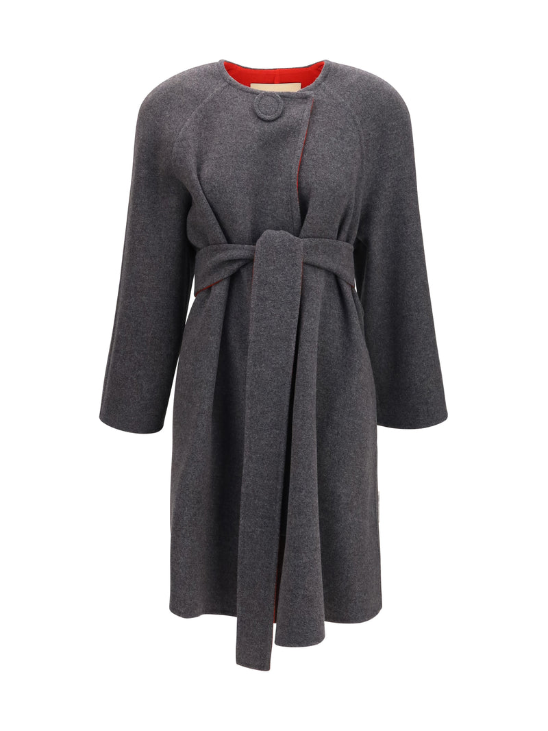 Valentino Valentino Wool and Cashmere Belted Coat Grey/Red - World Class Fashion