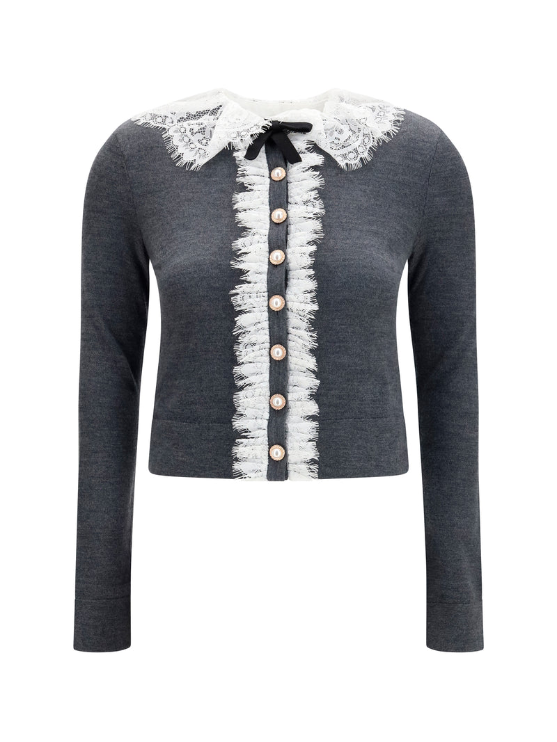 Self-portrait Self-portrait Knit Cardigan with Lace Collar Grey - World Class Fashion