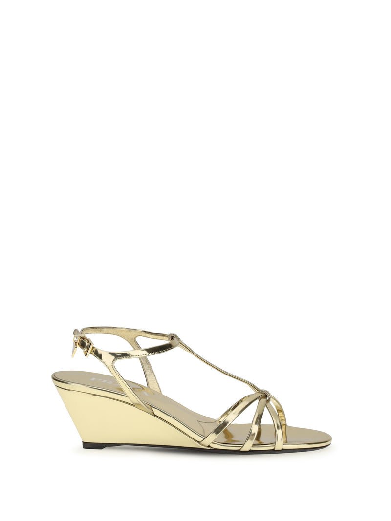 Prada Prada Metallic Leather Wedge Sandals Platino - World Class Fashion