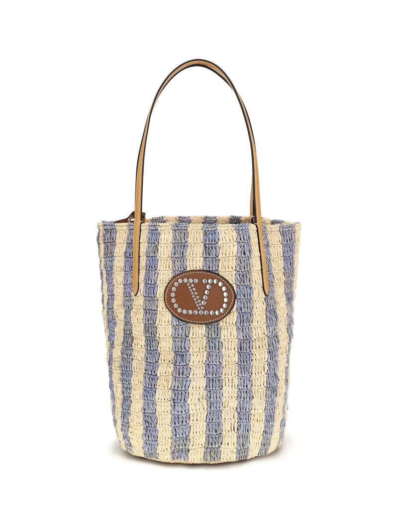 Valentino Garavani Valentino Garavani Striped Raffia Bucket Bag Naturale/Azzurro - World Class Fashion