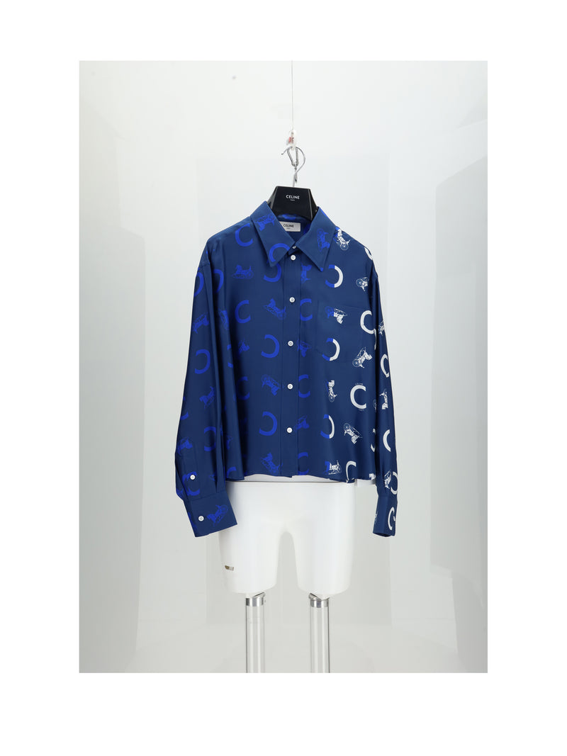 Celine Celine Cropped Silk Shirt Navy/White/Blue - World Class Fashion