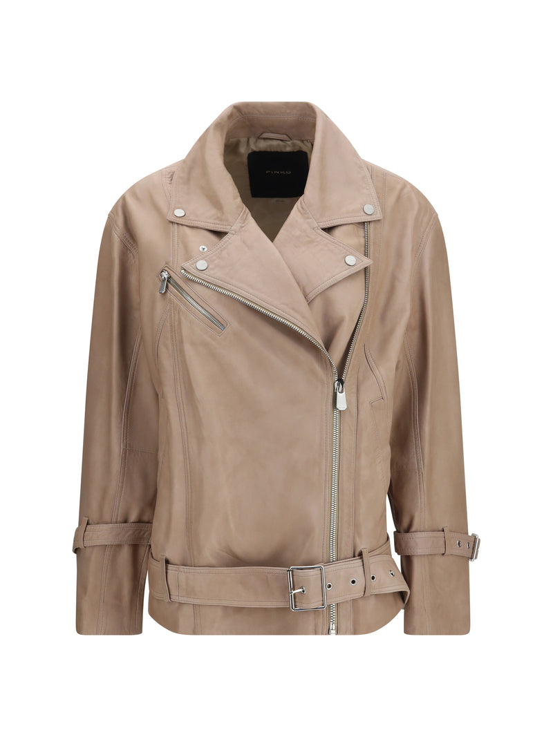 Pinko Pinko Leather Biker Jacket Beige-Verde Capra - World Class Fashion