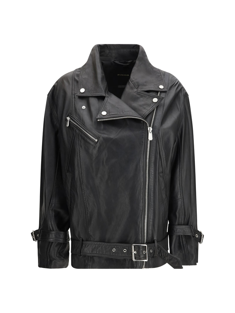 Pinko Pinko Leather Biker Jacket Nero Limousine - World Class Fashion