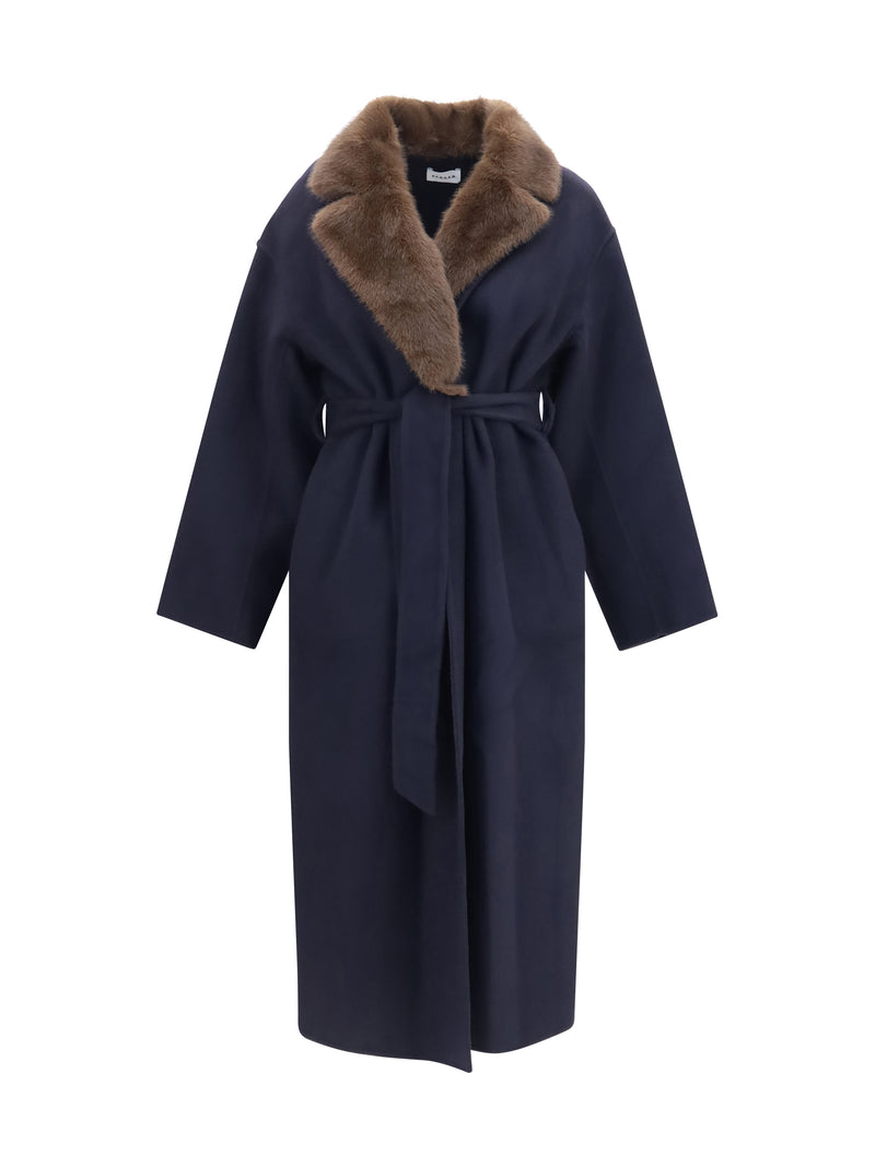 P.a.r.o.s.h. P.a.r.o.s.h. Wool Coat with Fur Collar and Belt Blue - World Class Fashion