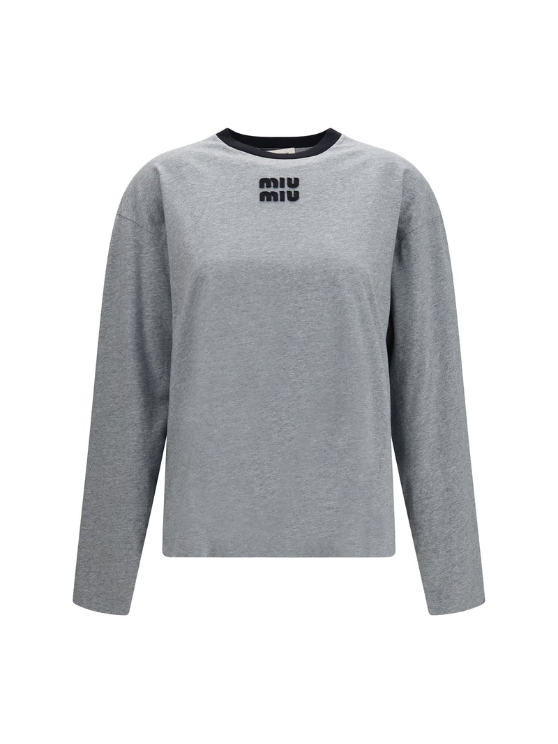 Miu Miu Miu Miu Long-Sleeve Cotton T-Shirt Grey/Black - World Class Fashion