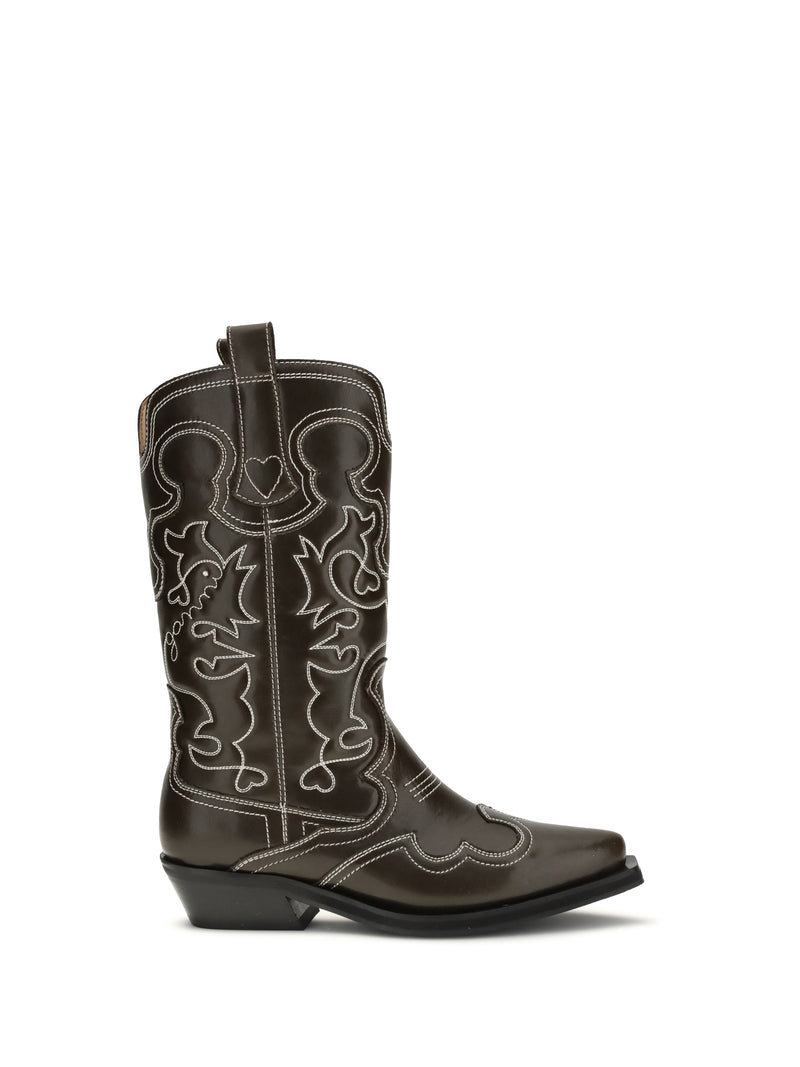 Ganni Ganni Faux-leather Texan Boots Dark Olive/Egret - World Class Fashion