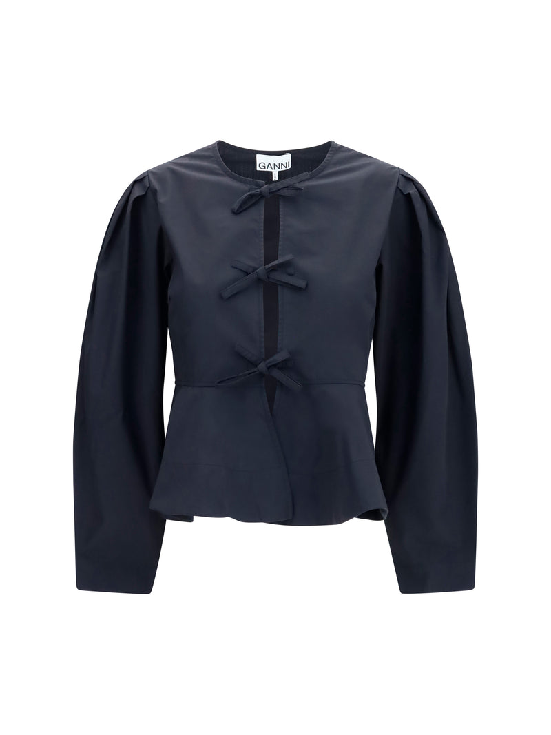 Ganni Ganni Cotton Poplin Blouse with Bows Black - World Class Fashion
