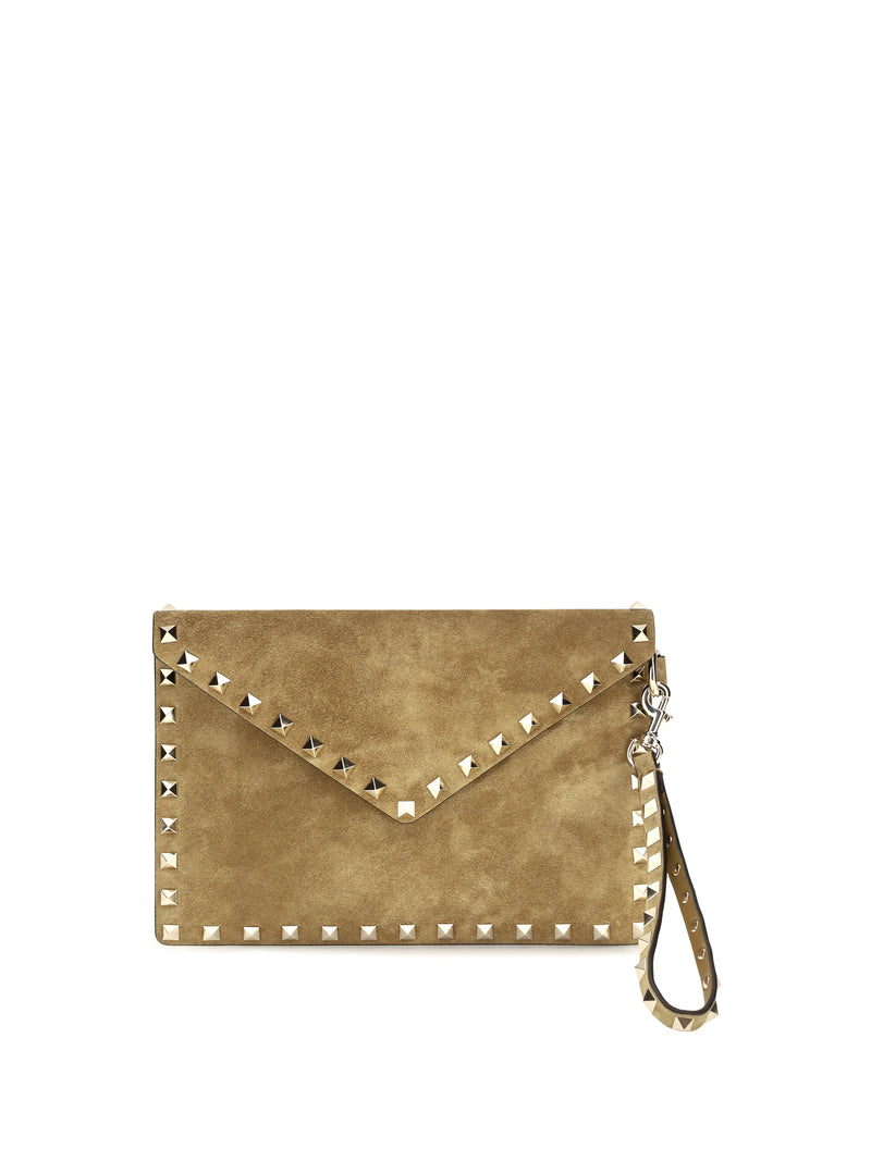Valentino Garavani Valentino Garavani Medium Rockstud Suede Clutch Havana Beige - World Class Fashion