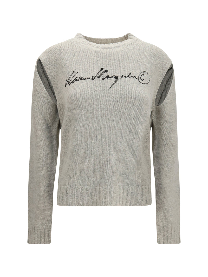 Mm6 Mm6 Knitted Sweater With Logo Lettering Grey Melange - World Class Fashion