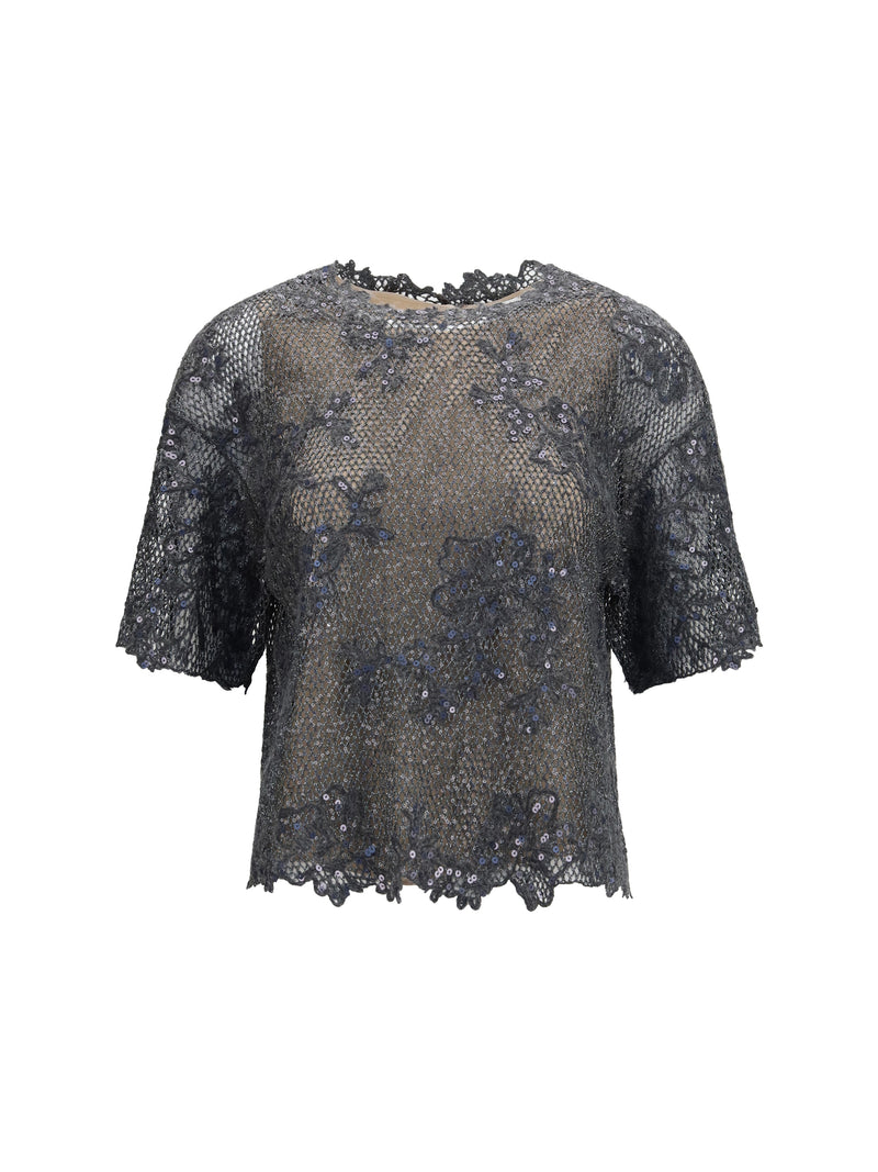 Brunello Cucinelli Brunello Cucinelli Sequined Crewneck Top Dark Grey - World Class Fashion