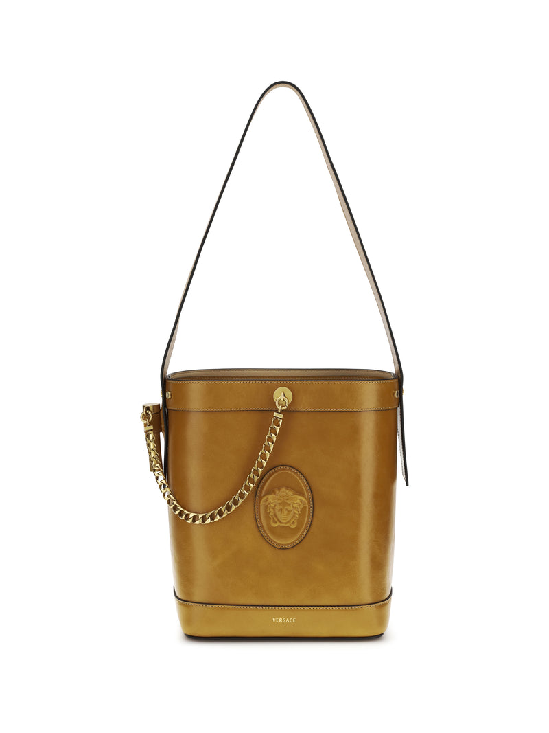 Versace Bolso bombonera Versace pequeño de piel Pivot, color natural/dorado - World Class Fashion