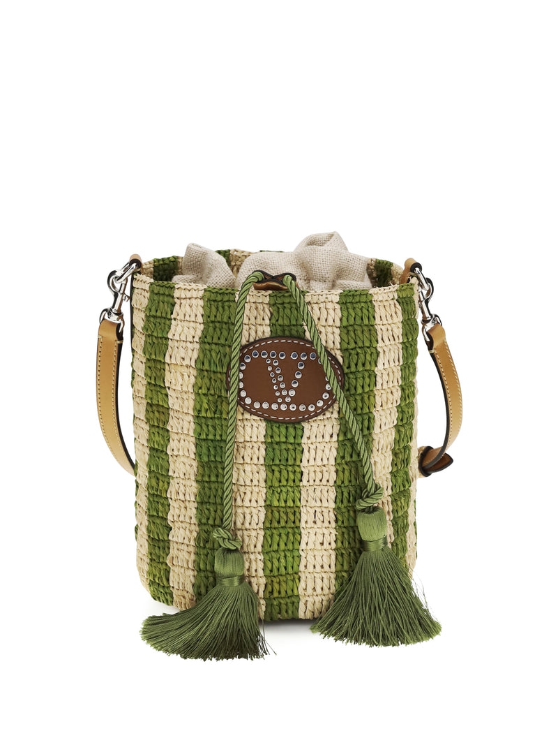Valentino Garavani Valentino Garavani Striped Raffia Bucket Bag NAT-VERDE - World Class Fashion