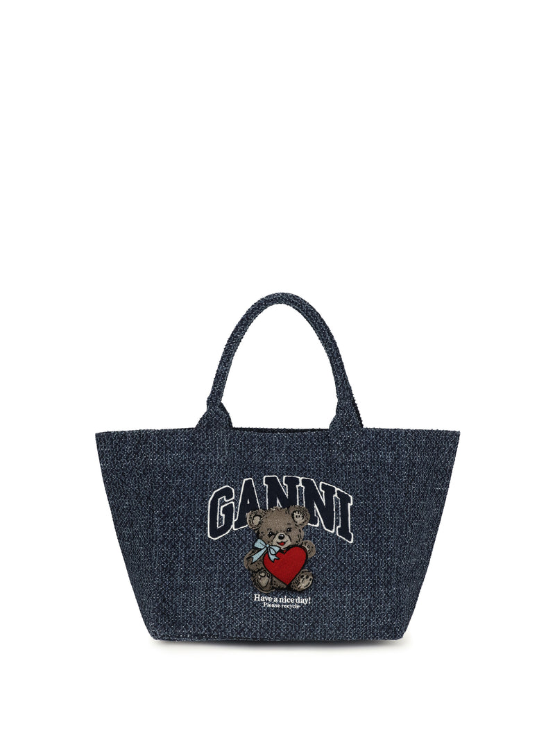 Ganni Ganni Medium Denim Tote Bag With Bear Rinse - World Class Fashion