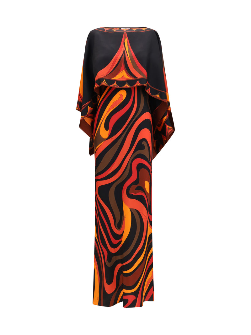 Pucci Pucci Marmo Print Silk Cape Dress Orange Black - World Class Fashion