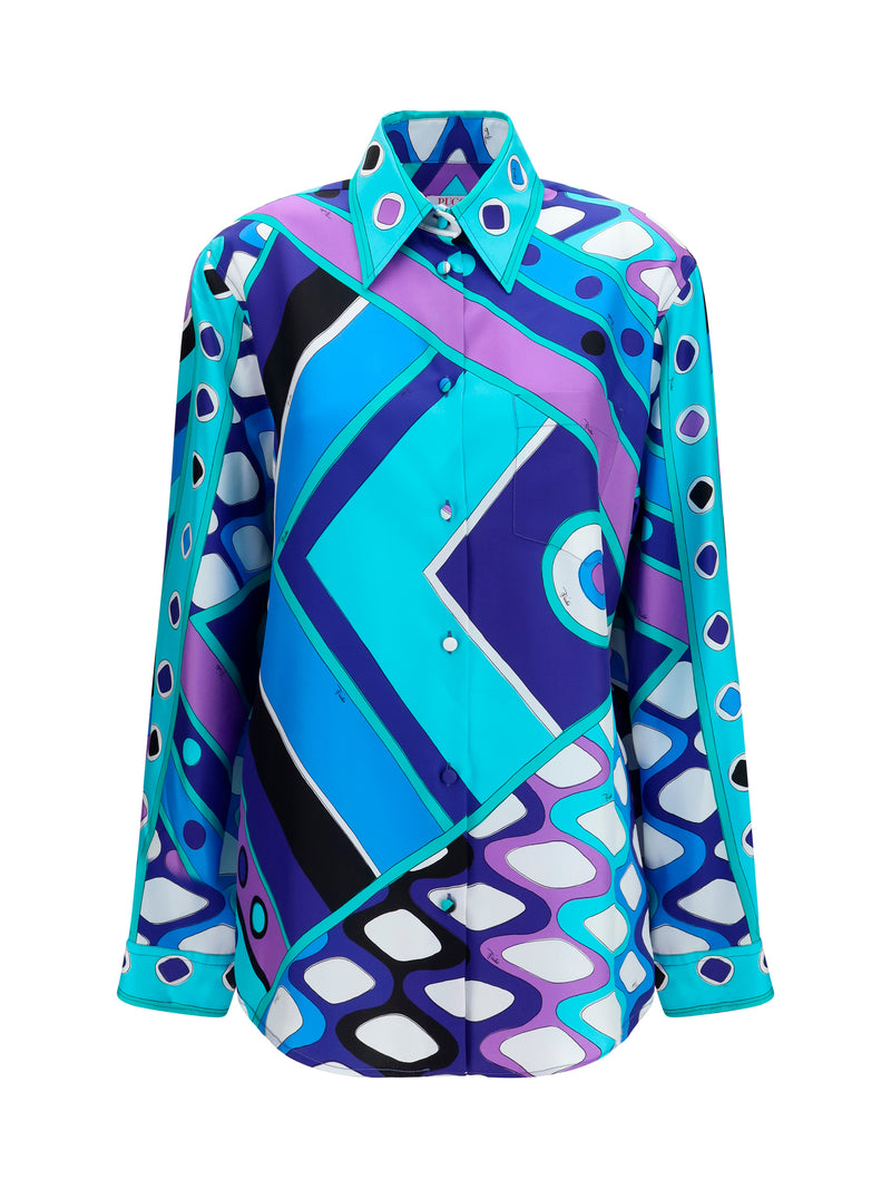 Pucci Pucci Geometric Print Silk Shirt Turquoise Blue - World Class Fashion