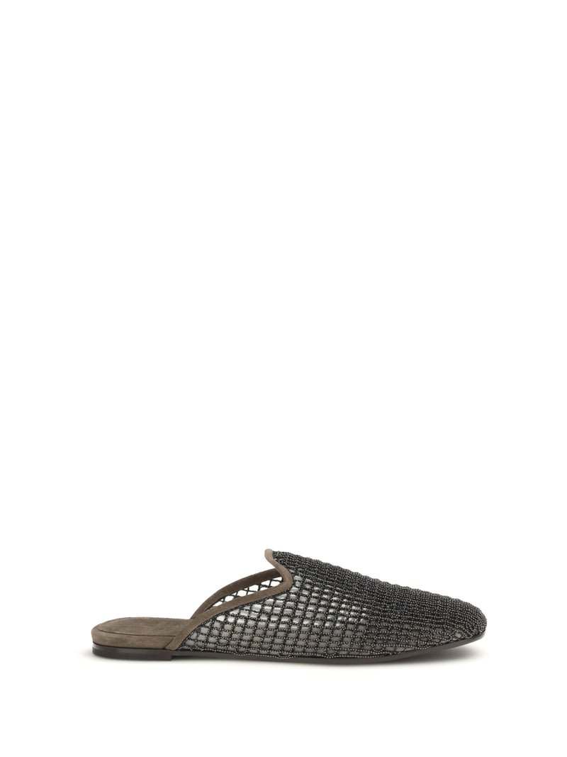 Brunello Cucinelli Brunello Cucinelli Suede Mules with Net Embroidery Torba - World Class Fashion