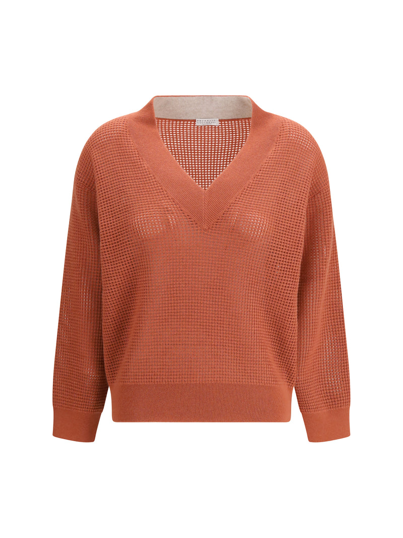 Brunello Cucinelli Brunello Cucinelli Cashmere Net Sweater Orange Flame+Oyster - World Class Fashion