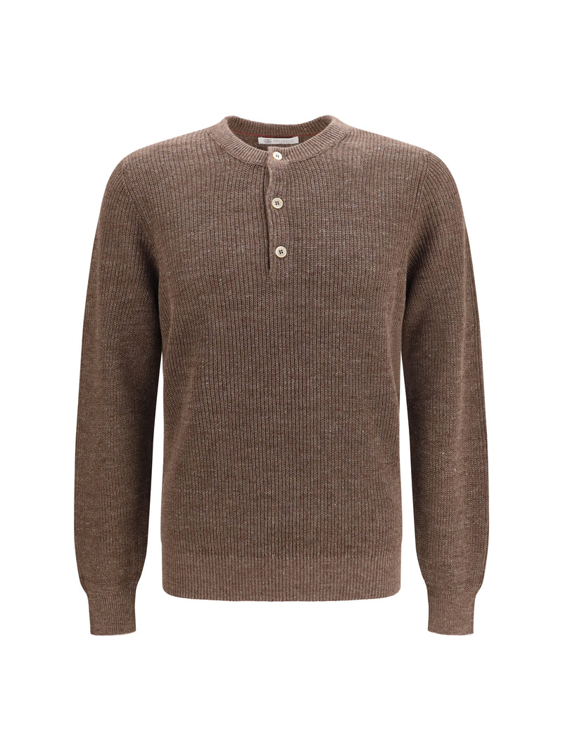 Brunello Cucinelli Brunello Cucinelli Cotton Linen Henley Sweater Nocciola - World Class Fashion