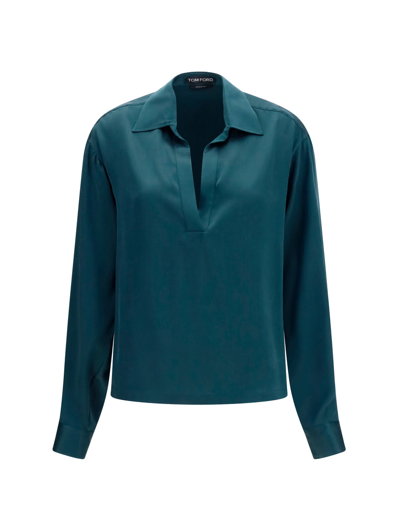 Tom Ford Tom Ford Deep V-neck Silk Shirt Teal - World Class Fashion