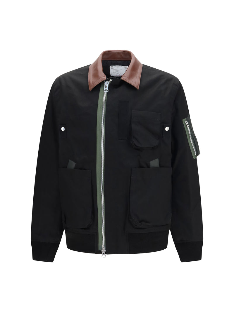 Sacai Sacai Cotton Bomber Jacket with Leather Details Black - World Class Fashion