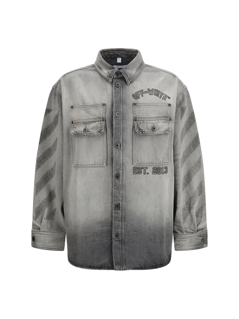 Off-white Off-white Diag Military Denim Overshirt Sun-Faded Grey - World Class Fashion