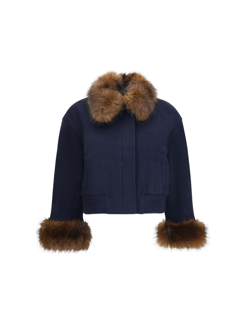 Self-portrait Self-portrait Wool-blend Jacket Faux Fur Collar Navy - World Class Fashion